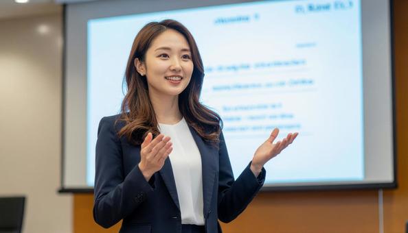 プレゼンする女性 プレゼンする女性の写真