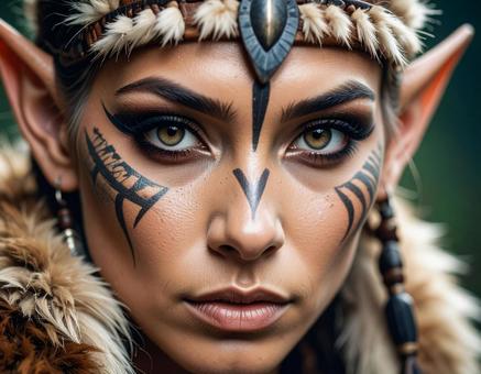 特殊メイクをした狩人のエルフの女性の顏の写真