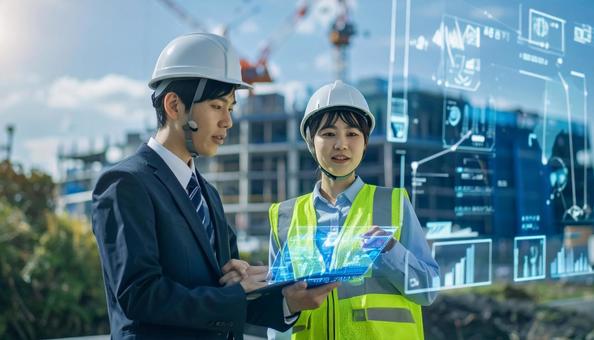 ホログラムのデータを見て議論する建築現場 ホログラムのデータを見て議論する建築現場の写真