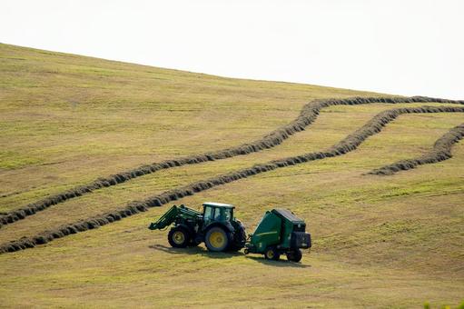 広大な牧草地で進む牧草の収穫作業 広大な牧草地で進む牧草の収穫作業 トラクター,丘,牧草地の写真素材