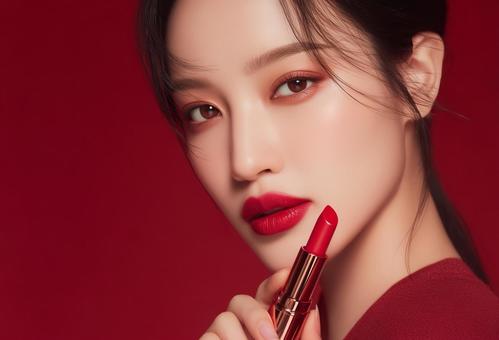 口紅を持つ女性(透過切り抜き画像つき) 口紅を持つ女性(透過切り抜き画像つき)の写真