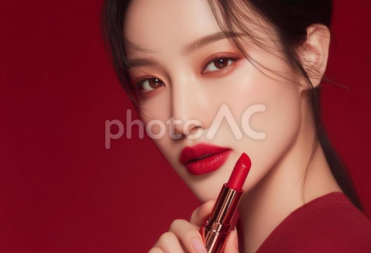口紅を持つ女性（透過切り抜き画像つき） 女性,口紅,モデルの写真素材