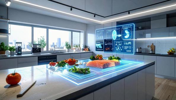 食材の並べられたキッチンにホログラムの写真