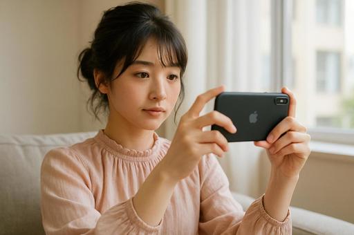 スマホで動画を見ている女性 スマホで動画を見ている女性の写真