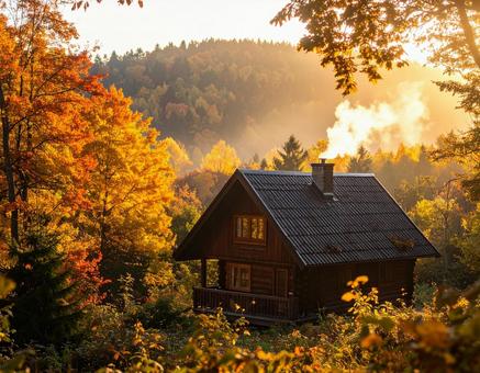秋色に染まった山の中に建っている山小屋2 秋色に染まった山の中に建っている山小屋2の写真