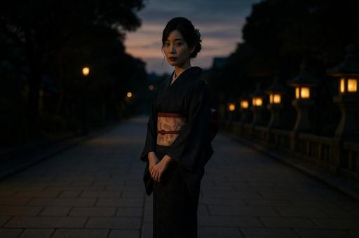 宵闇に灯る着物姿の写真