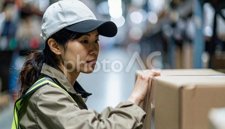 倉庫で働く作業服の20代の日本人女性 倉庫内作業,システム,スタッフの写真素材