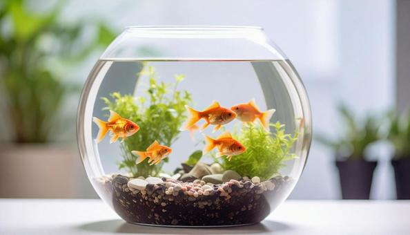 金魚が泳ぎ水草が浮かぶ水槽 金魚が泳ぎ水草が浮かぶ水槽の写真
