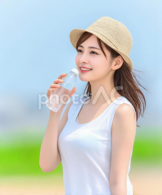 水分補給をする帽子を被った女性 夏,水分補給,女性の写真素材