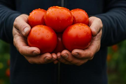 両手で大切に持たれたトマトの収穫の写真