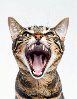 大きく口を開ける猫の写真