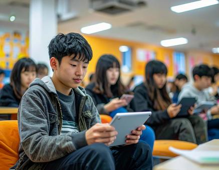 Diverse Japanese students studying on tablets, japanese, student, inclusive, JPG