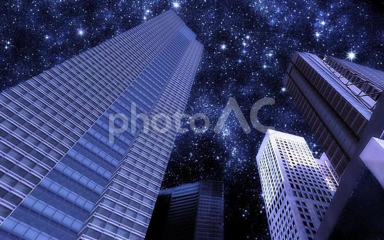 イメージ素材/ビル群と満天の星空 ビル群,ビル街,星空の写真素材
