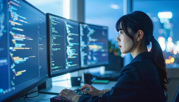 デュアルモニターで作業するプログラマーの写真