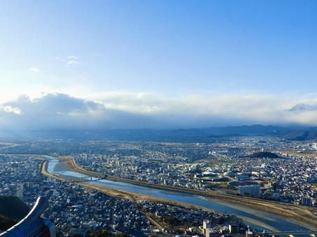 岐阜市街地と長良川の俯瞰3 長良川,岐阜市,長良川鵜飼の写真素材