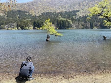 湖畔に佇む少年 湖畔に佇む少年の写真
