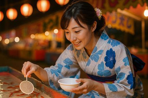 金魚すくいしてる浴衣姿の女性 金魚すくいしてる浴衣姿の女性の写真