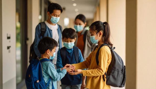 病室に入る前に手指消毒をする見舞客の家族 病室に入る前に手指消毒をする見舞客の家族の写真
