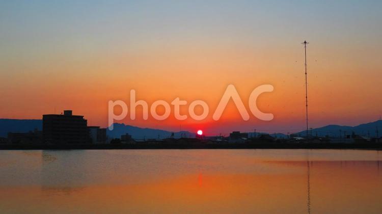 ５月下旬の野田池の朝焼け 背景,朝焼け,たそがれの写真素材