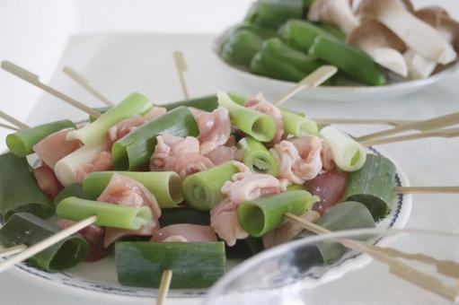 Photo, grilled chicken, between green onions, string, 