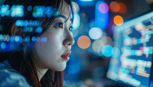 未来的なオフィスで作業するプログラマー 未来的なオフィスで作業するプログラマーの写真