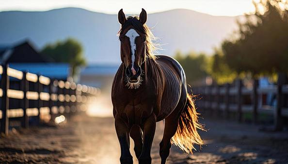 牧場を歩く馬 牧場を歩く馬の写真