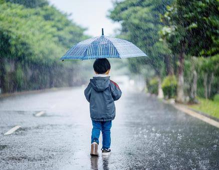 雨の日に傘をさして道路を歩く男の子 雨の日に傘をさして道路を歩く男の子の写真