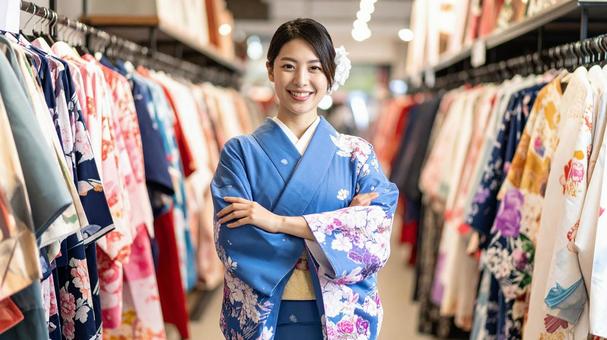 カジュアルに切れる着物のお店の店員さん カジュアルに切れる着物のお店の店員さんの写真