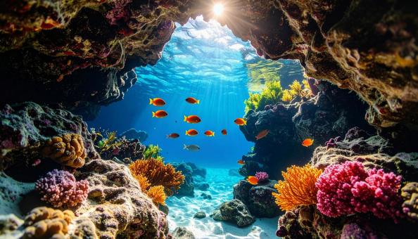 海中から見た岩場に泳ぐ熱帯魚 海中から見た岩場に泳ぐ熱帯魚の写真