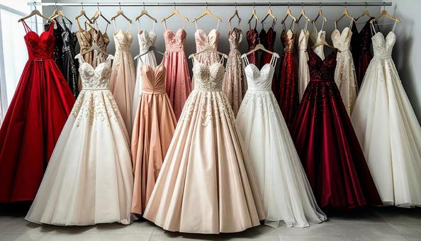 レンタルドレス屋にかかるたくさんのドレス レンタルドレス屋にかかるたくさんのドレスの写真