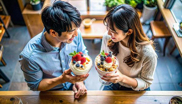 カフェでパフェを楽しむカップルの写真