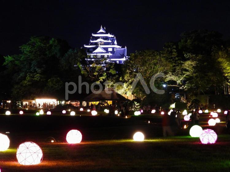 ライトアップした岡山後楽園〜岡山城を臨む 後楽園,庭園,夏の幻想庭園の写真素材