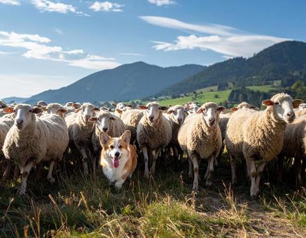 羊の群を率いるコーギー犬 羊の群を率いるコーギー犬の写真