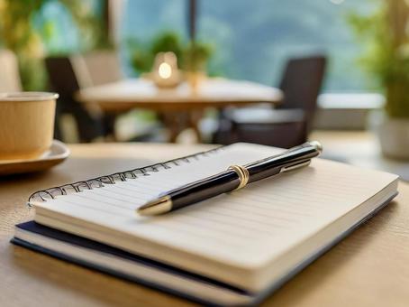 デスクに置かれたノート・ボールペンの写真