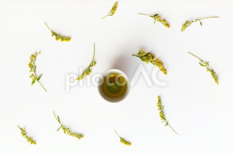 小さくしたミモザの散乱とドクダミ茶 お茶,飲み物,ドクダミ茶の写真素材