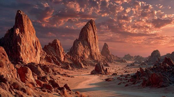 夕暮れの光が照らす荒涼とした大地 夕暮れの光が照らす荒涼とした大地の写真