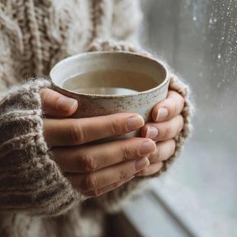 雨の日に窓辺で白湯を持つ女性の手元 雨の日に窓辺で白湯を持つ女性の手元の写真