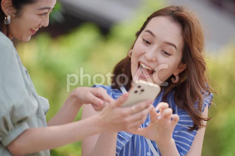 公園でスマートフォンを見ている2人の女性 女子旅,女性,日本人の写真素材