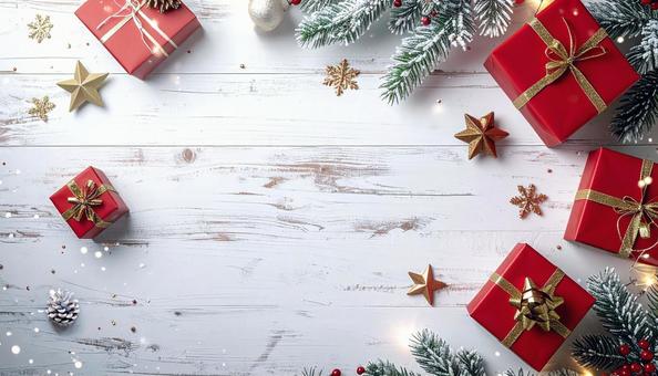 白いテーブル上の赤いクリスマスプレゼント 白いテーブル上の赤いクリスマスプレゼントの写真