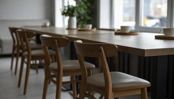 テーブルと椅子が並ぶカフェカウンターの写真