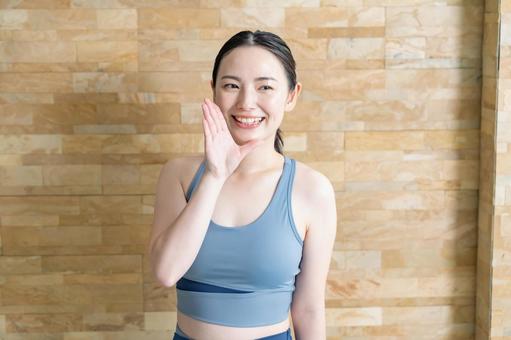 スポーツウェアで呼ぶ女性 ヨガ,フィットネス,ストレッチの写真素材