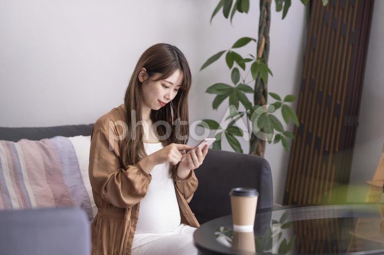スマートフォンを使う妊婦 妊婦,妊娠,スマートフォンの写真素材