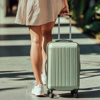 キャリーケースを持って旅行する女性 キャリーケースを持って旅行する女性の写真