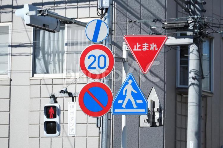 横断歩道&一時停止&駐車禁止 標識,交通標識,道路標識の写真素材