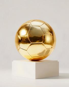 白い台座に輝く黄金のフットボール 白い台座に輝く黄金のフットボールの写真