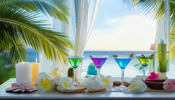 Cocktails by the window of a hotel with a view of the sea and sky, cocktail, drink, sake, JPG