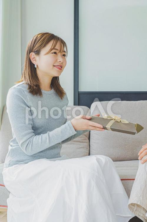 贈り物で感謝を伝える女性 手,渡す,勤労の写真素材