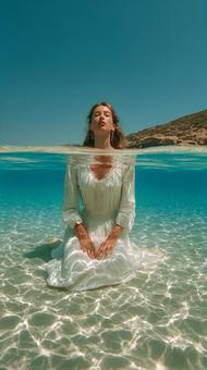 地中海の透明な海で瞑想する女性 地中海の透明な海で瞑想する女性の写真