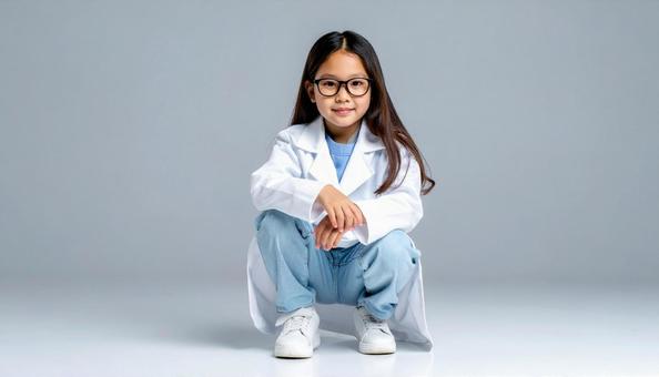 しゃがむ子ども 女子 白衣 医者 眼鏡 しゃがむ子ども 女子 白衣 医者 眼鏡の写真