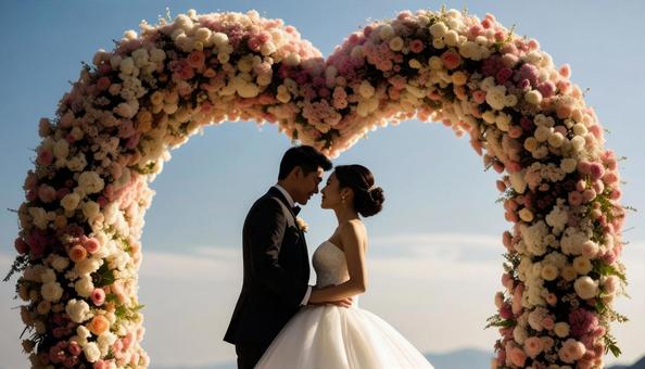 ハート形の花のアーチの前の新郎新婦 ハート形の花のアーチの前の新郎新婦の写真
